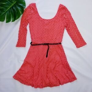 AUW Coral Lace Scoop Belted Dress Fully Lined